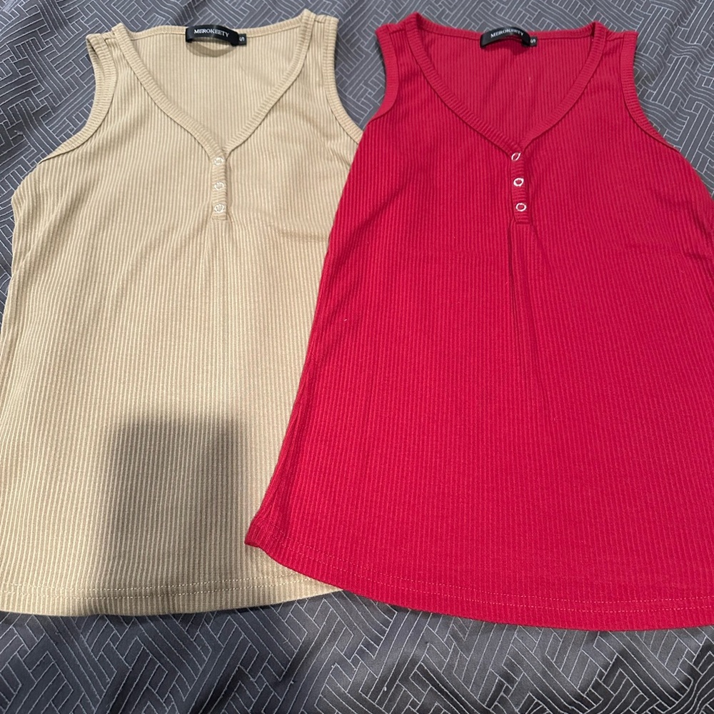 Cream and Red Ribbed Sleeveless Tank Tops